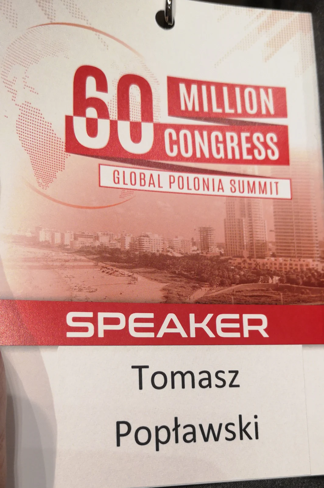 60 Million Congress Global Polonia Summit speaker badge with the name Tomasz Popławski, Miami, February 2019