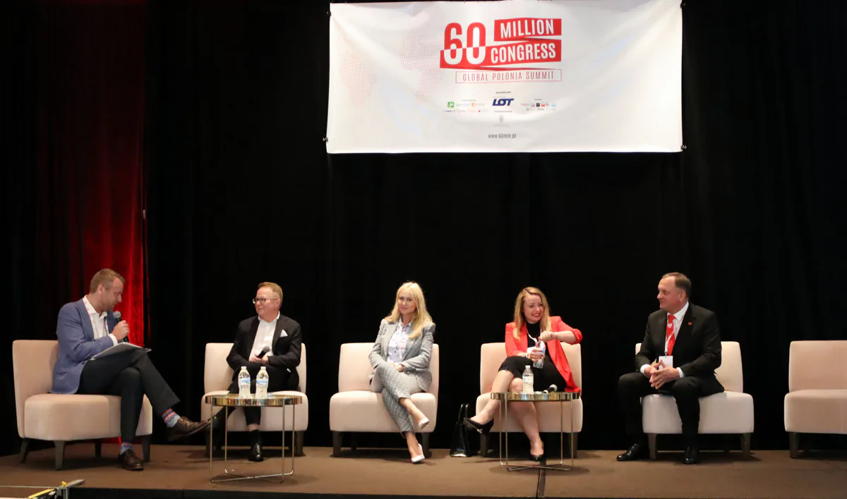 Five panelists seated on stage under the 60 Million Congress, Global Polonia Summit banner, with the moderator on the left