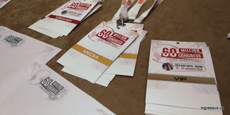 Speaker, Media and VIP badges of the 60 Million Congress, Miami, 23 to 25 January 2020, laid out on a table