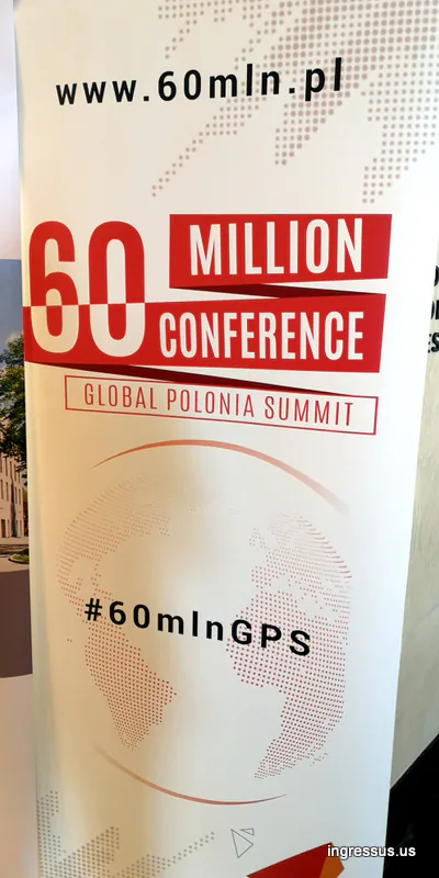 60 Million Conference roll-up banner with the Global Polonia Summit logo, the 60mlnGPS hashtag and the 60mln.pl web address