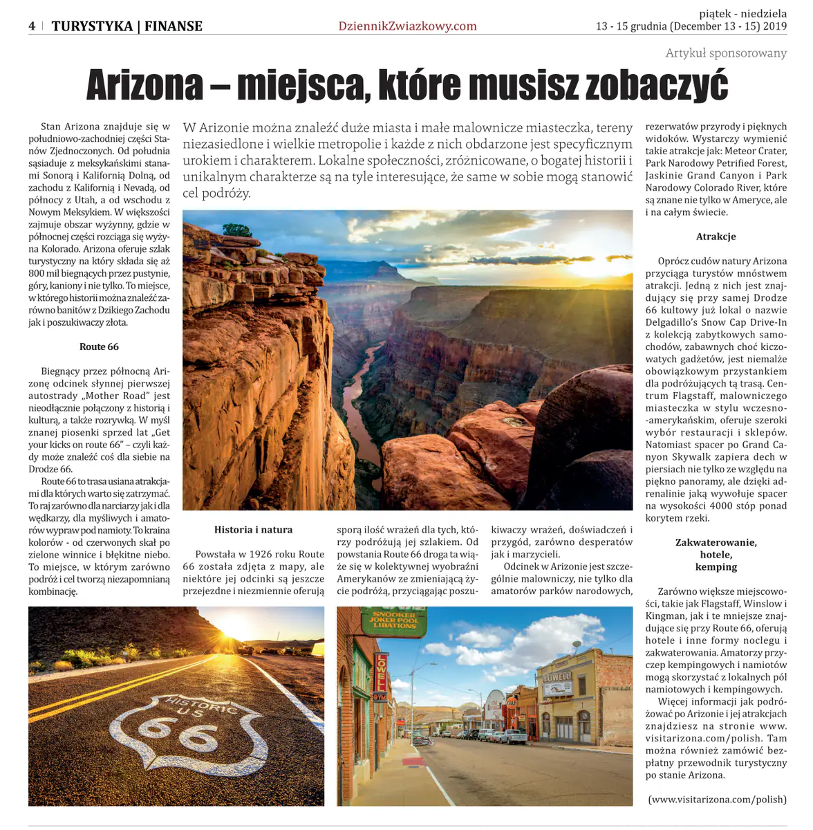 Dziennik Związkowy page 4, December 13 to 15, 2019, with the sponsored Polish article on places to see in Arizona