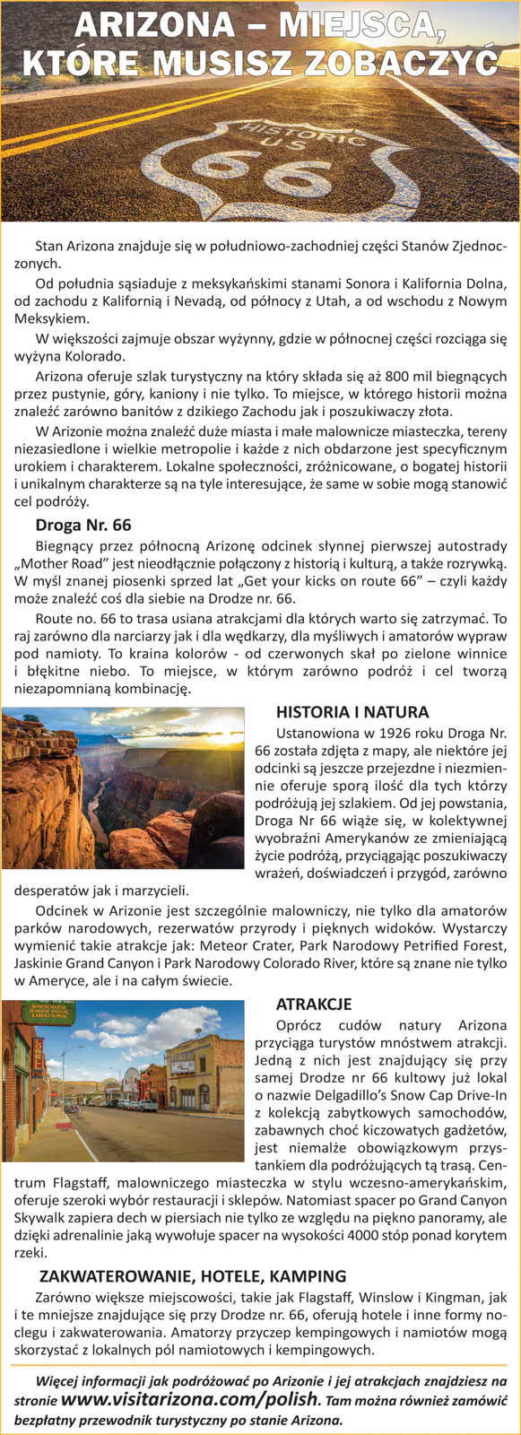 Newspaper column with the Polish article on places to see in Arizona, with photos of Route 66, the Grand Canyon and a small-town street