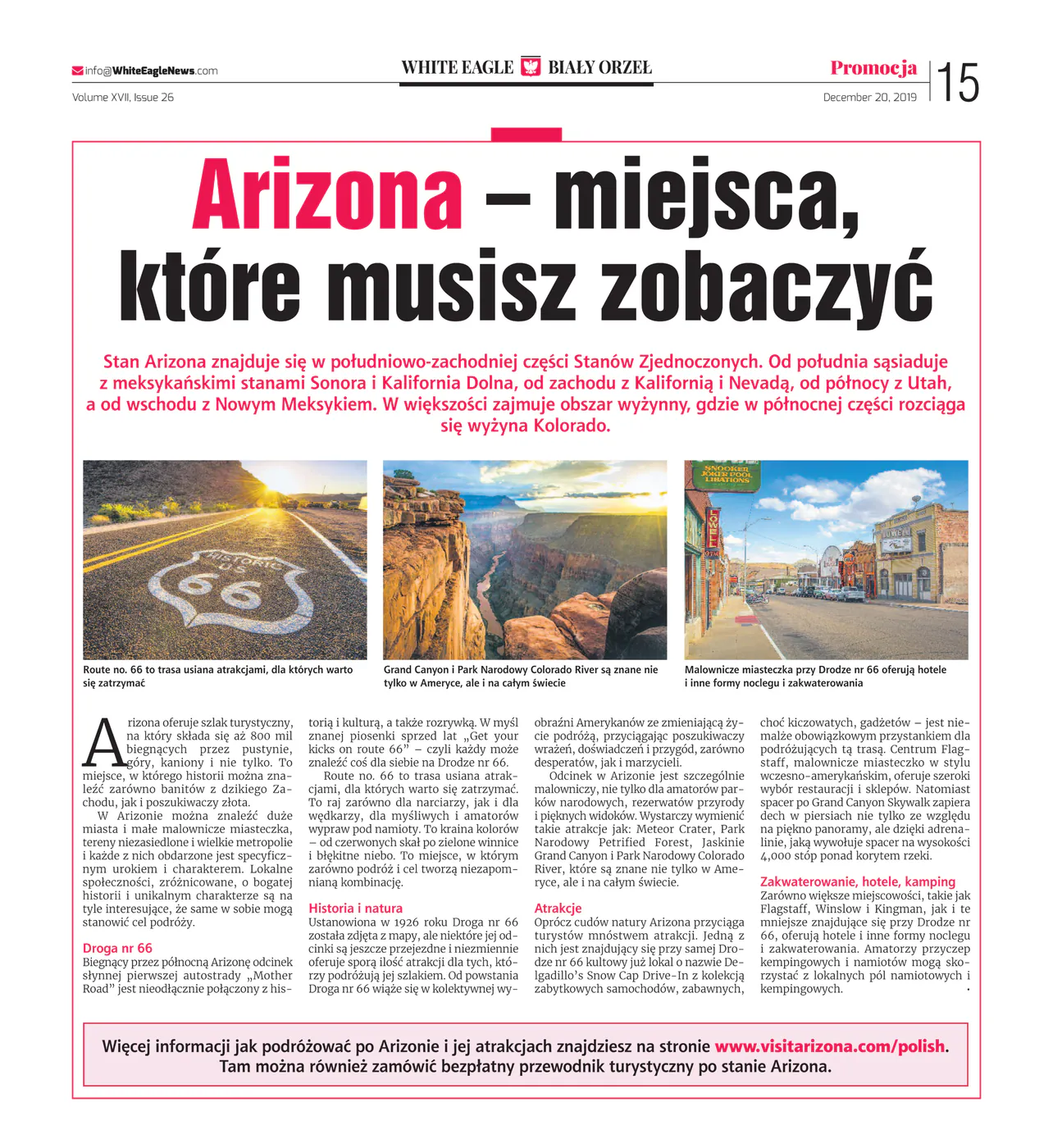 White Eagle newspaper page 15, December 20, 2019, with the promotional Polish article on places to see in Arizona
