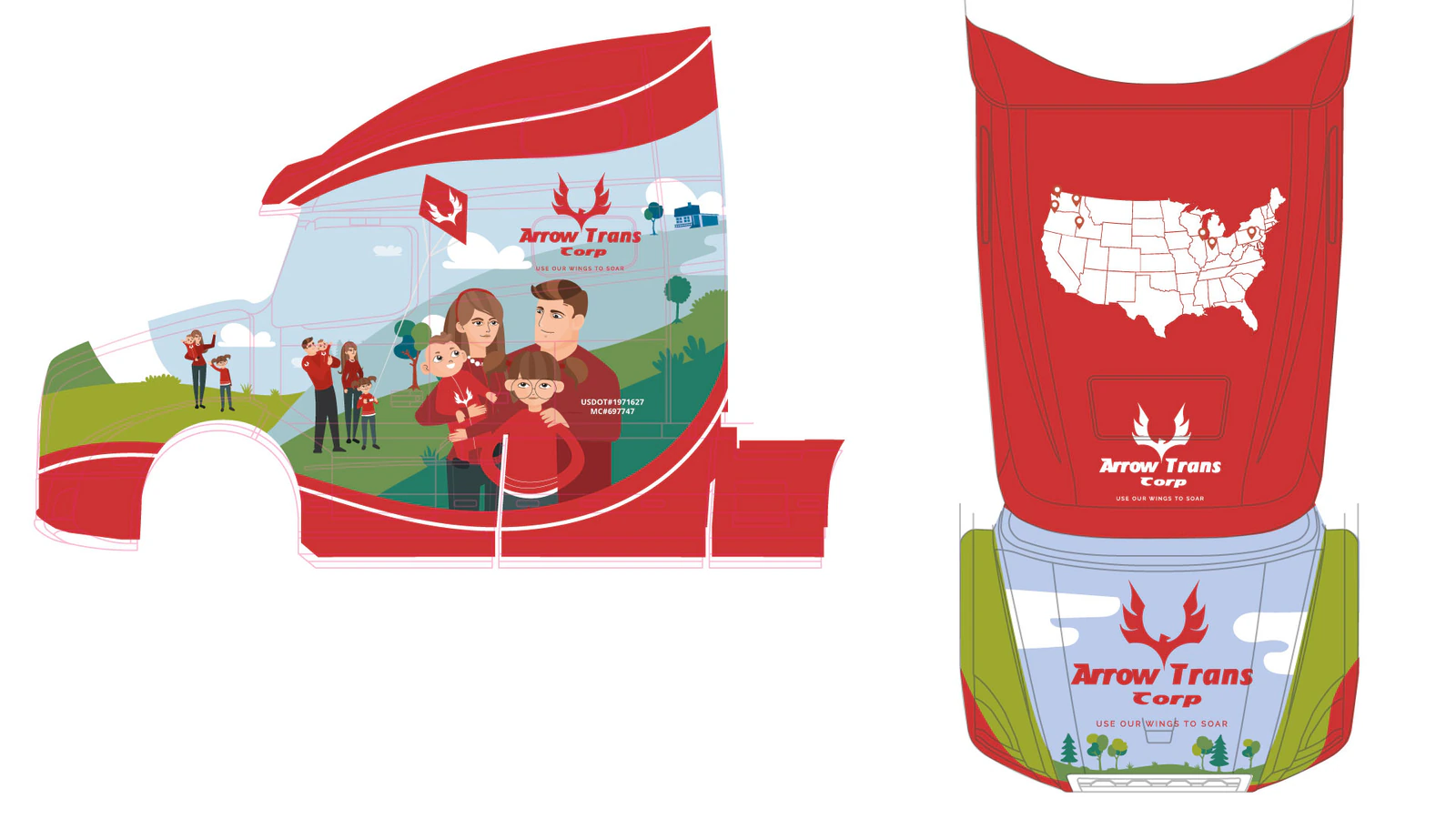 Arrow Trans Corp truck wrap design for the cab side and roof, with an illustrated family, a U.S. map and the company logo