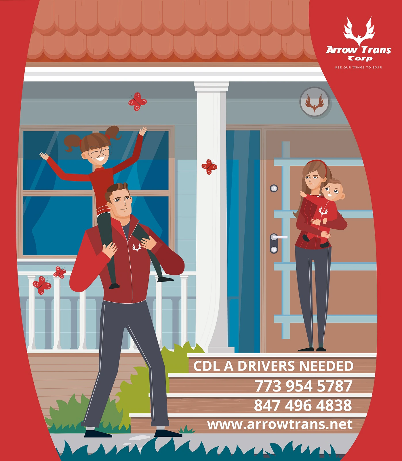 Arrow Trans Corp trailer rear door design with an illustrated family at their front porch and a CDL A drivers needed message