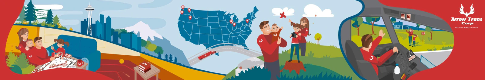 Illustrated trailer side panel for Arrow Trans Corp with a family at home, a city skyline, a U.S. route map and a driver in the cab