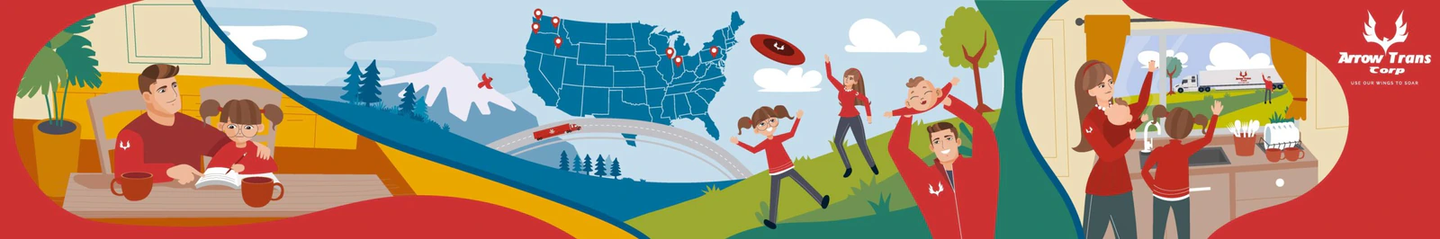Illustrated trailer side panel for Arrow Trans Corp showing family life at home, a U.S. route map and a family playing outdoors