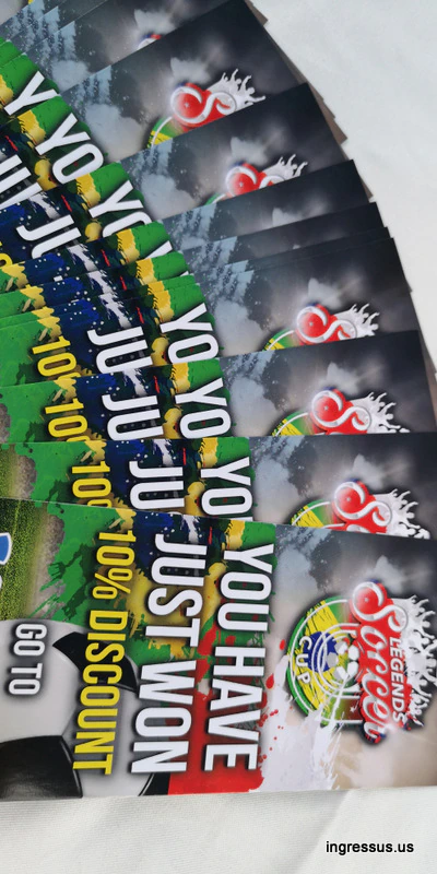 Stack of Soccer Legends Cup cards announcing You have just won a 10% discount