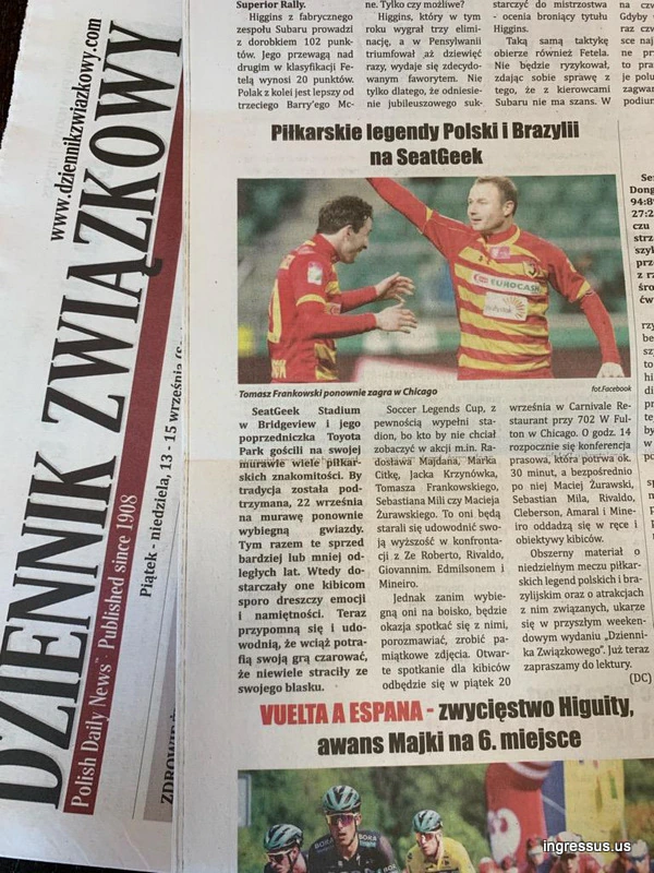 Dziennik Związkowy Polish Daily News article about the Poland and Brazil soccer legends match at SeatGeek Stadium