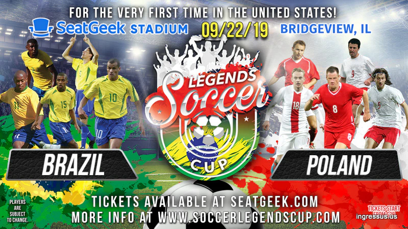 Soccer Legends Cup Facebook event cover showing Brazil and Poland legends players, SeatGeek Stadium and the 09/22/19 date