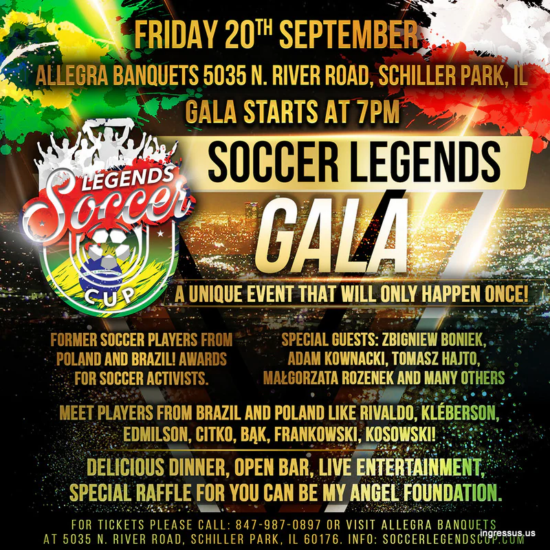 Soccer Legends Gala invitation for Friday, September 20 at Allegra Banquets in Schiller Park, with former players of Poland and Brazil