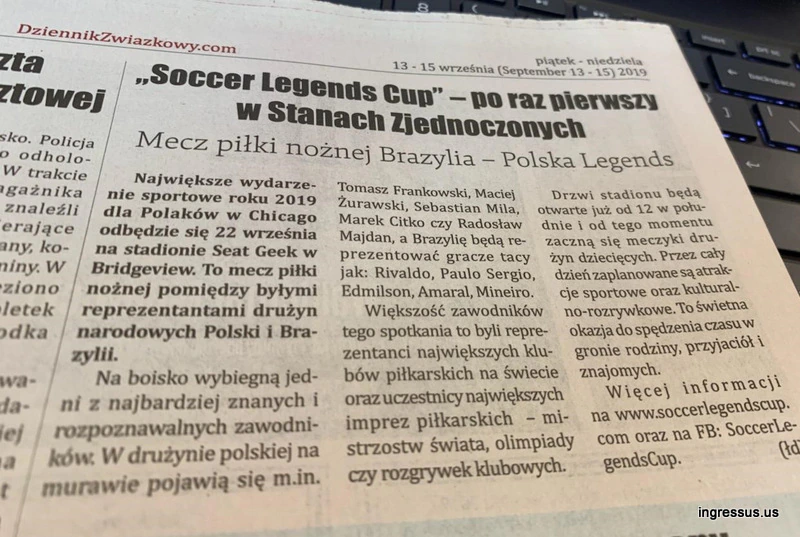 Dziennik Związkowy article from September 13 to 15, 2019 announcing the Soccer Legends Cup Brazil vs. Poland match