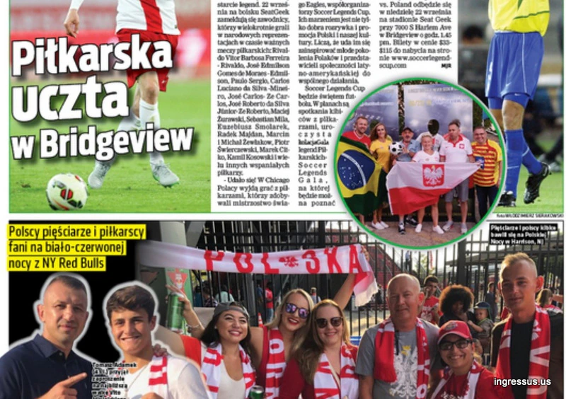 Polish-language newspaper page with the headline Piłkarska uczta w Bridgeview and a photo of fans holding Brazil and Poland flags