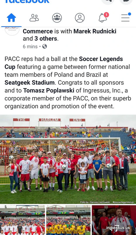 Facebook post by the Polish American Chamber of Commerce congratulating Ingressus on organizing and promoting the Soccer Legends Cup