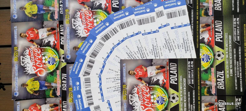 Fanned-out Soccer Legends Cup tickets for SeatGeek Stadium on top of Brazil vs. Poland match flyers