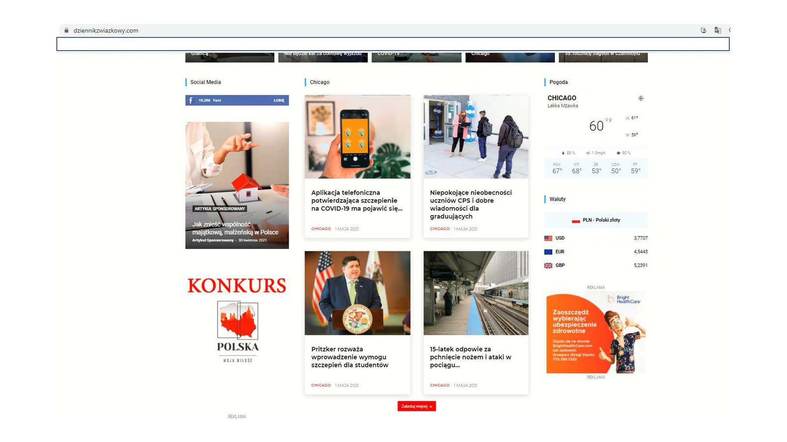 Screenshot of the Dziennik Związkowy news site, dziennikzwiazkowy.com, with a Polish-language Bright HealthCare banner ad in the sidebar