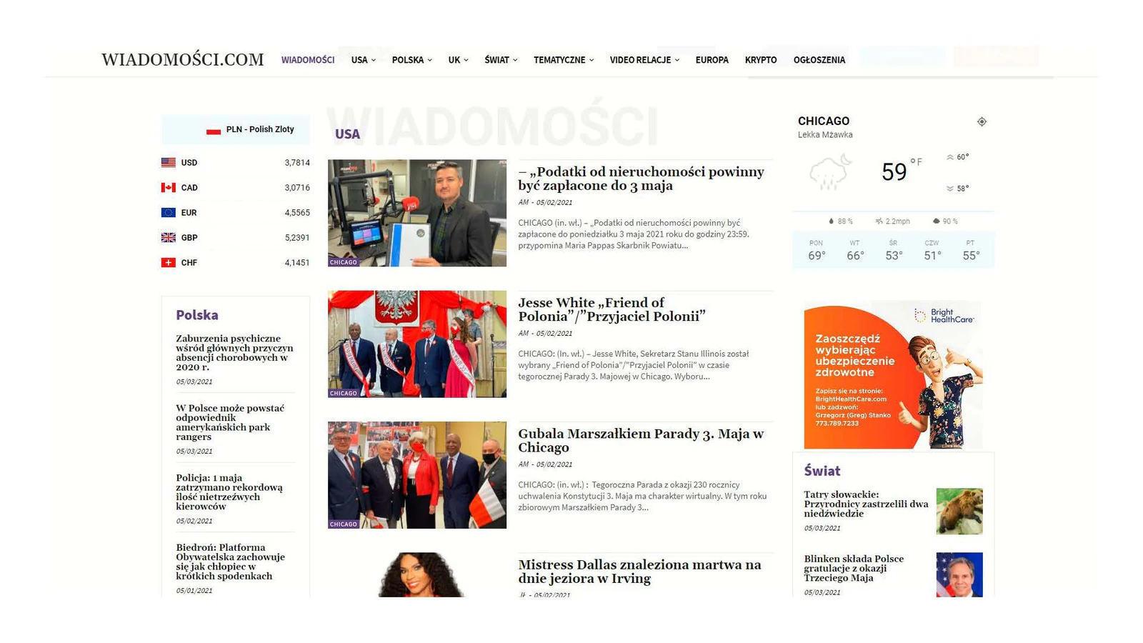 Screenshot of the Wiadomosci.com news site with a Polish-language Bright HealthCare banner ad next to Chicago news