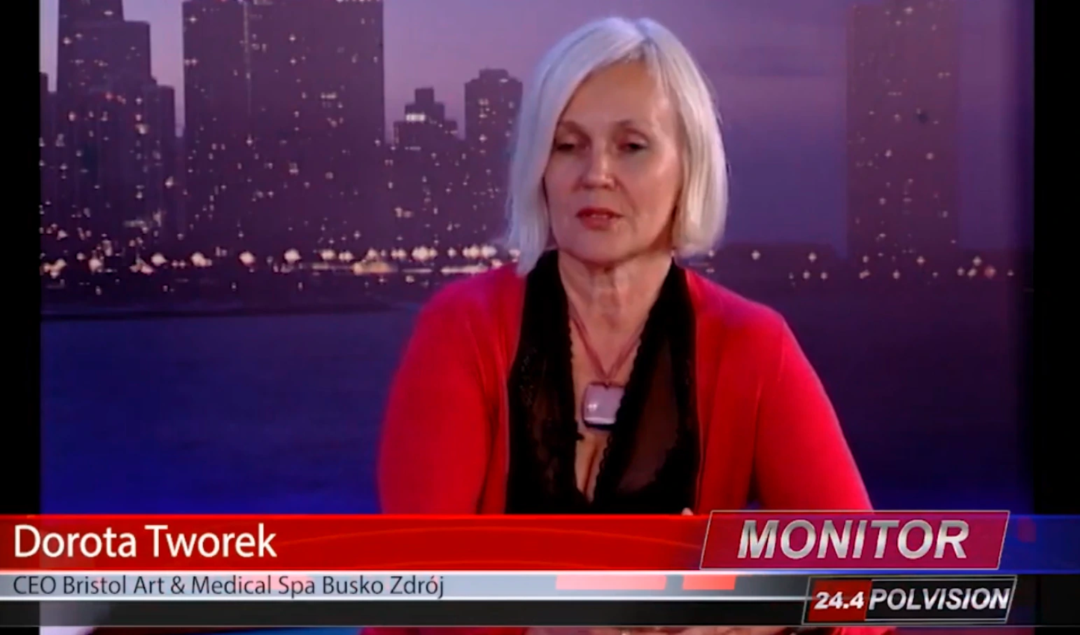 TV screenshot of Dorota Tworek, CEO of Bristol Art & Medical Spa in Busko-Zdrój, interviewed on the Monitor program of Polvision