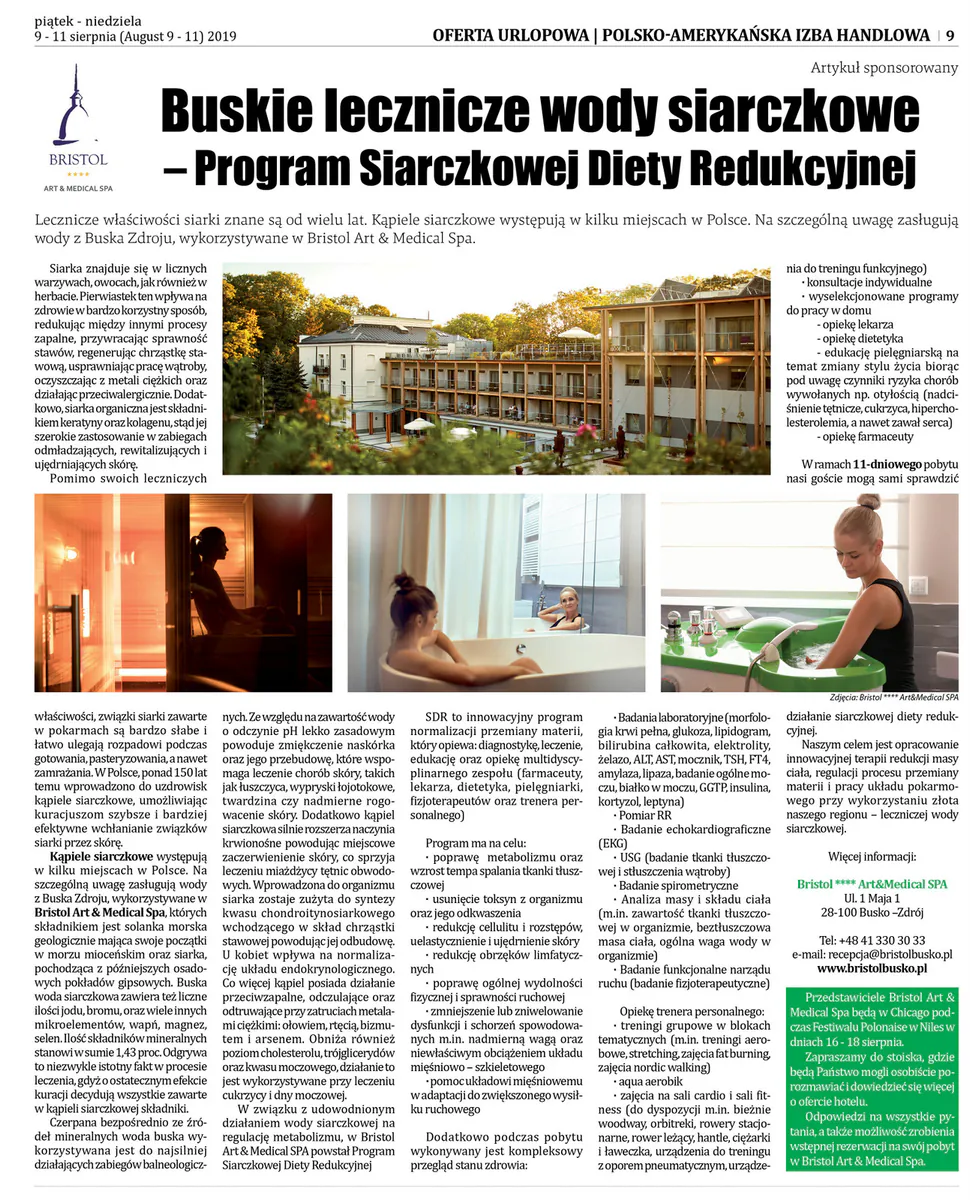Sponsored Dziennik Związkowy article about Busko sulfur medicinal waters and the Bristol Art & Medical Spa diet program, August 2019