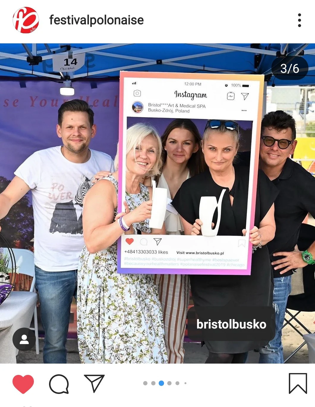 Festival Polonaise Instagram post showing the Bristol Art & Medical Spa team with an Instagram-style photo frame at the festival booth
