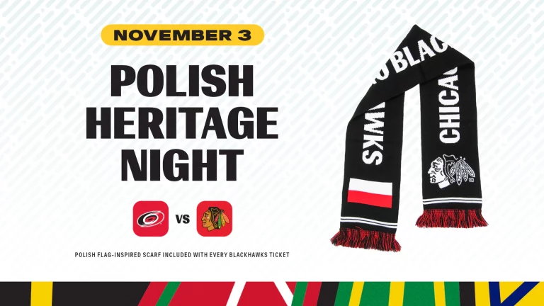 Chicago Blackhawks Polish Heritage Night graphic for November 3, Hurricanes vs Blackhawks, with a Polish flag-inspired scarf included with tickets