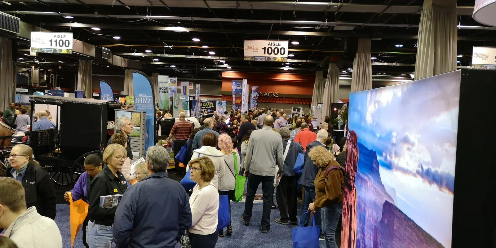 Crowds walking the exhibit aisles between Aisle 1100 and Aisle 1000 at the Chicago Travel & Adventure Show 2019 in Rosemont