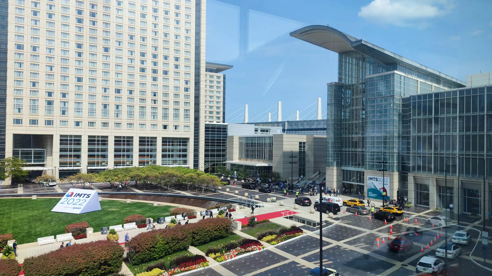 IMTS 2022 signs on the lawn outside the McCormick Place convention center in Chicago, seen from above