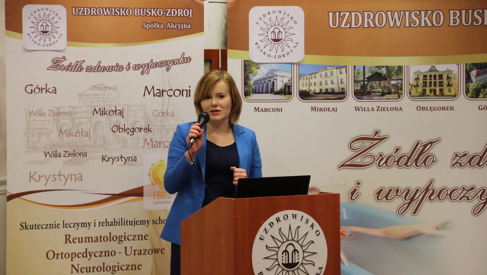 Deputy Minister of Sport and Tourism Anna Krupka speaking at a Busko-Zdrój spa lectern during the seminar in March 2019