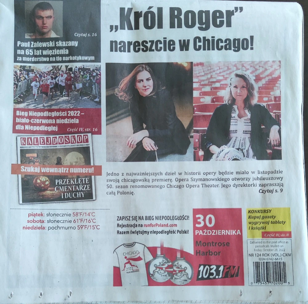 Front page of a Polish-language Chicago newspaper with the headline Król Roger nareszcie w Chicago and two photos