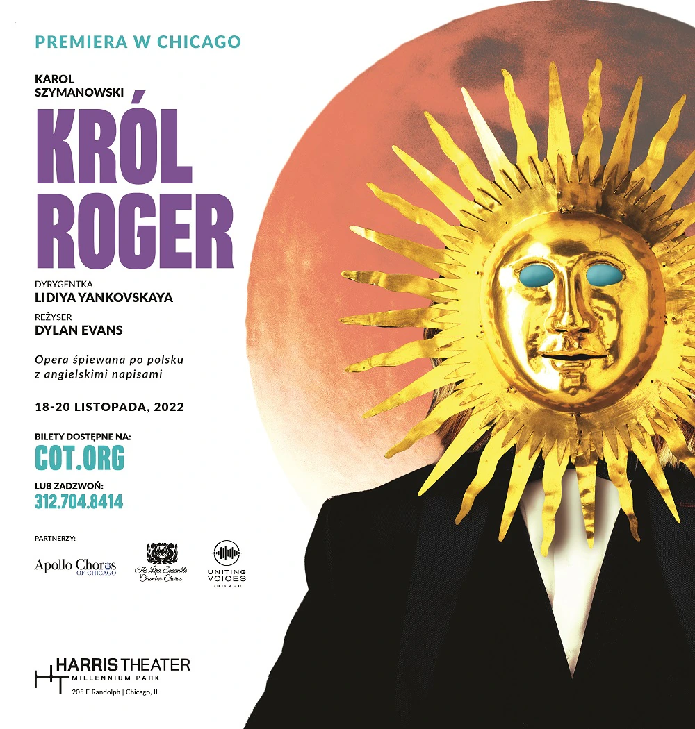 Polish-language poster for Karol Szymanowski's Król Roger, Chicago premiere on November 18 to 20, 2022, at the Harris Theater