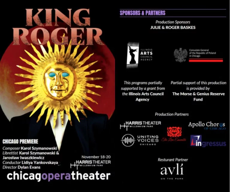 Chicago Opera Theater King Roger poster for November 18 to 20 at the Harris Theater, with sponsors and partners including Ingressus