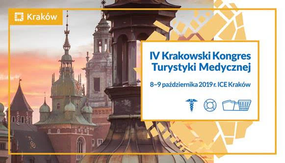 Banner of the 4th Kraków Medical Tourism Congress (in Polish), 8 to 9 October 2019 at ICE Kraków, with Wawel Castle towers at sunset