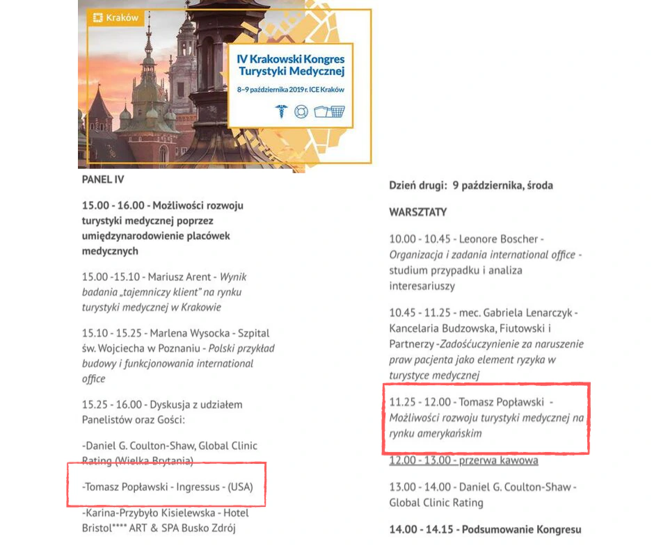 Congress program in Polish with Tomasz Popławski of Ingressus highlighted as a panelist and as the speaker on the U.S. medical tourism market