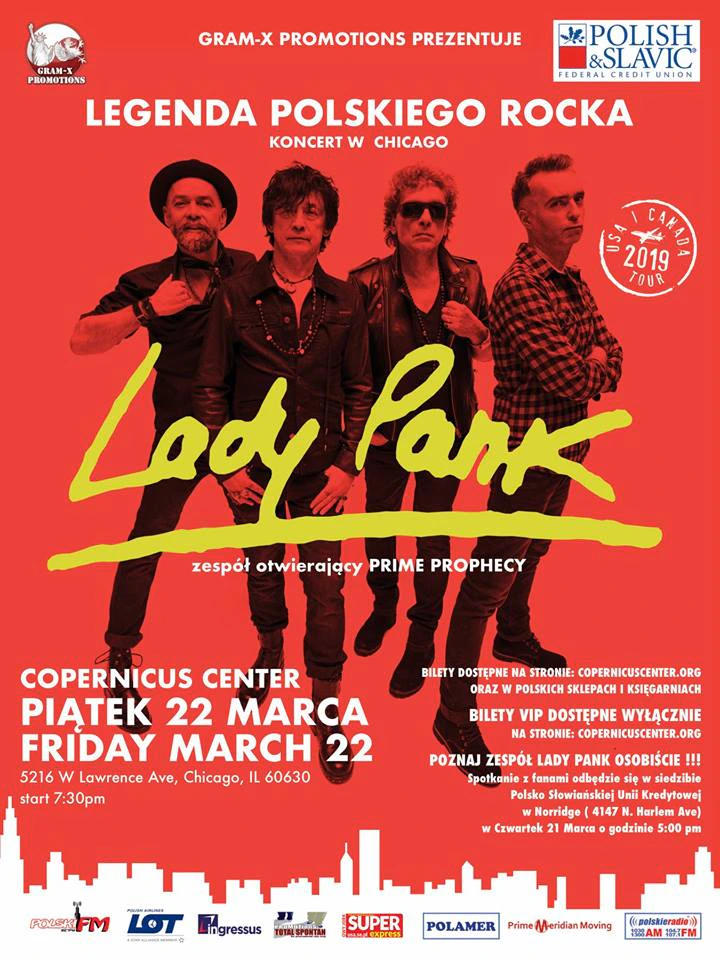 Poster for the Lady Pank concert at Copernicus Center in Chicago on Friday, March 22, 2019, with the band and partner logos including Ingressus