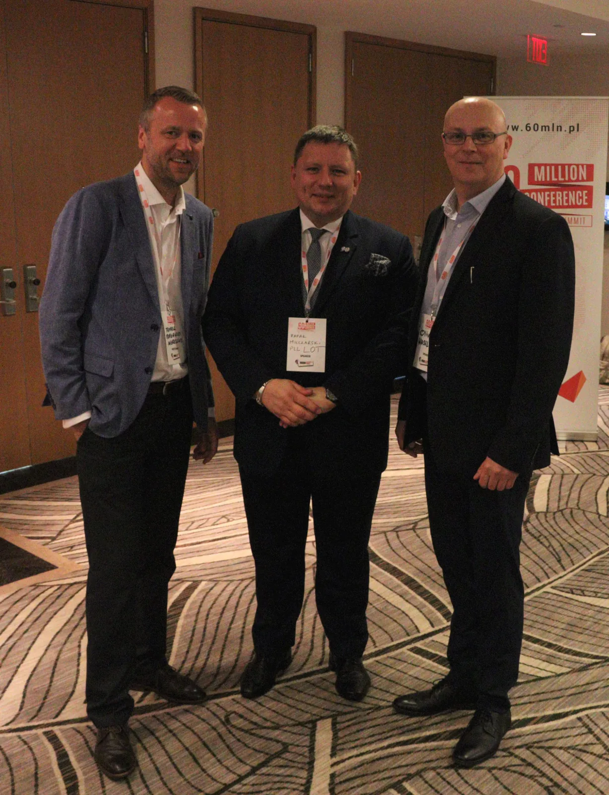 Tomasz Popławski and Olivier Wasilewski of Ingressus with Rafał Milczarski of LOT Polish Airlines, center, at the 60 Million Congress