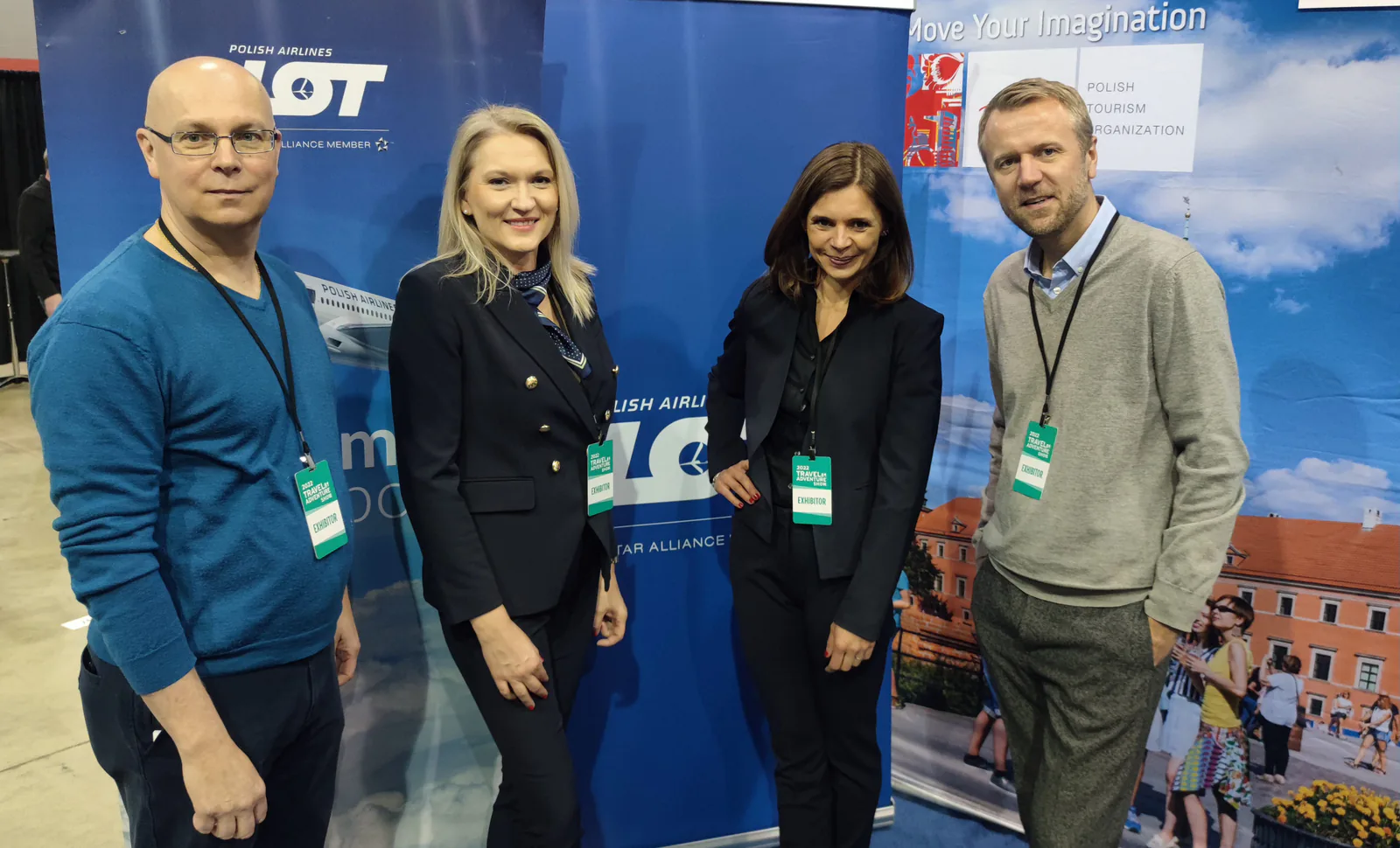 Four exhibitors at the LOT Polish Airlines and Polish Tourism Organization booth at the 2022 Travel and Adventure Show