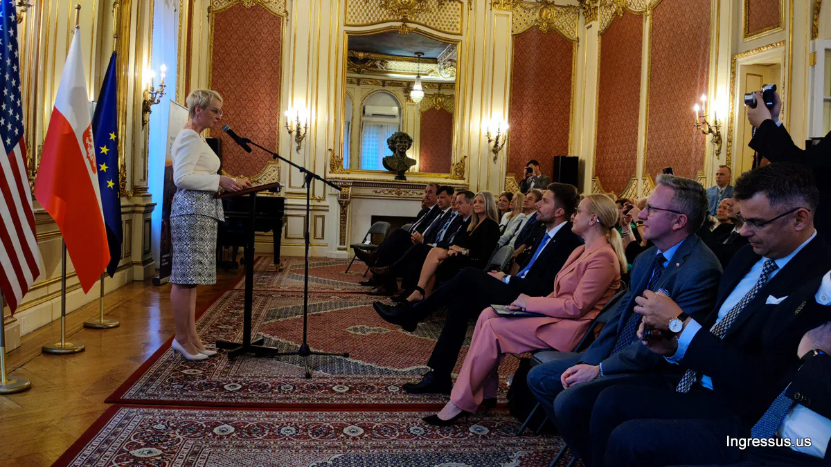 Speaker at a lectern addressing seated guests during the Małopolska presentation at the Polish Consulate in Manhattan