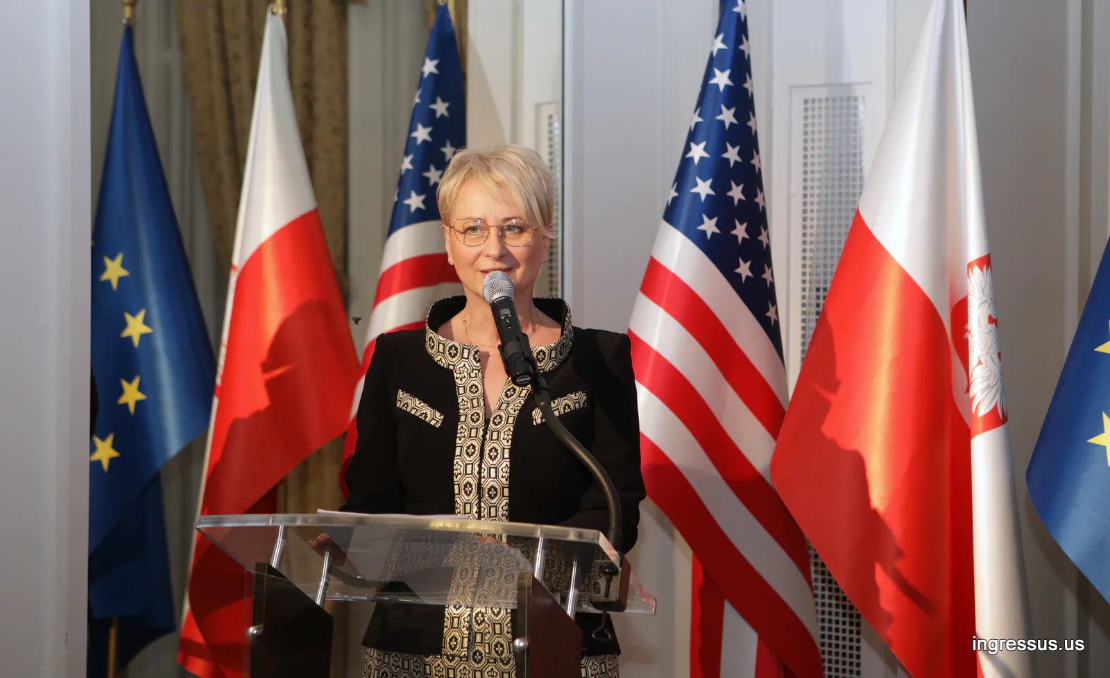Woman speaking at a podium in front of Polish, U.S. and European Union flags at the Małopolska event at the Polish Consulate General