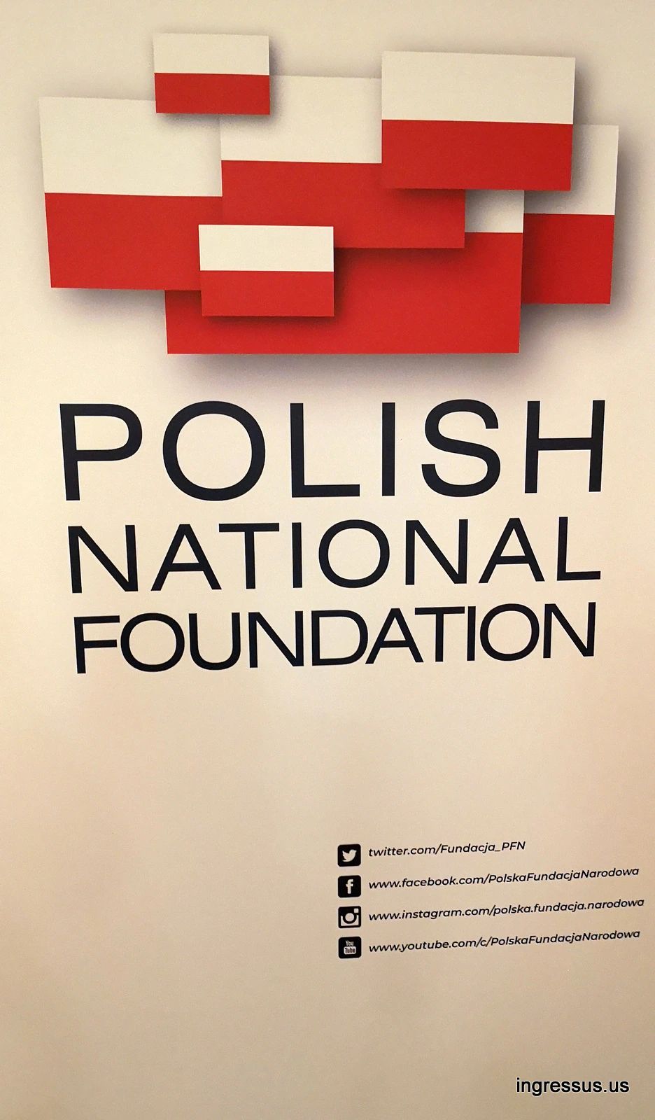 Polish National Foundation banner with Polish flag graphics displayed at the Poland: The Royal Tour premiere in Chicago