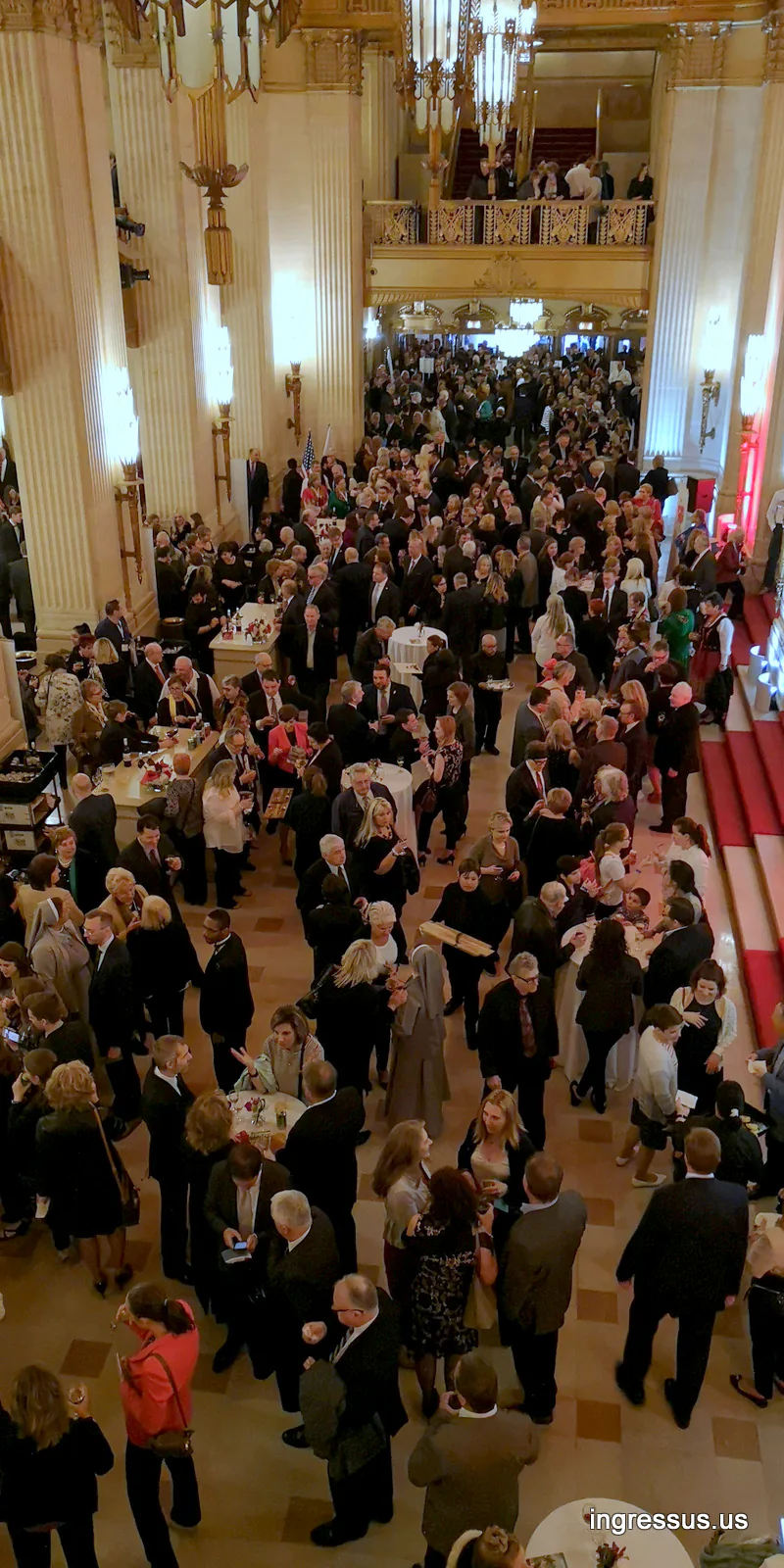 Guests gathering at the reception in the grand foyer of the Lyric Opera House before the Poland: The Royal Tour premiere