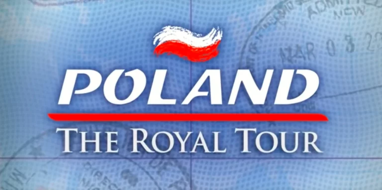 Poland: The Royal Tour title card with a Polish flag motif over a background of passport stamps