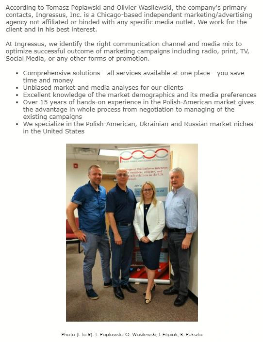 PACC newsletter text about Ingressus with a photo of Tomasz Popławski, Olivier Wasilewski, Iwona Filipiak and Bogdan Pukszta