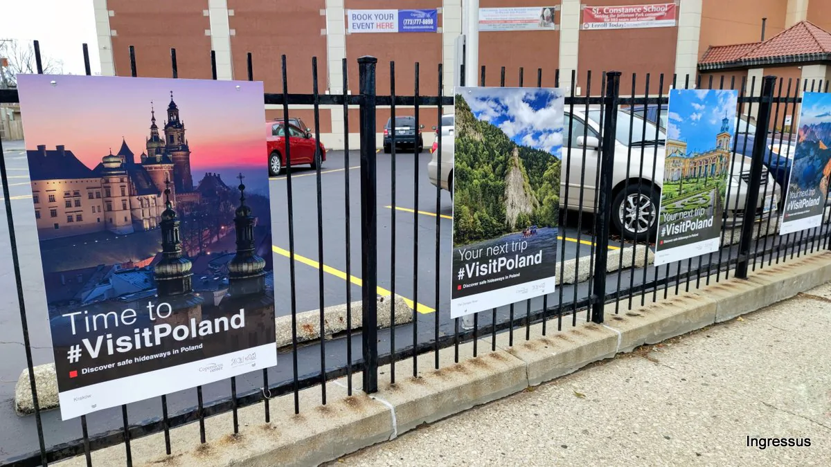 Time to #VisitPoland poster of Wawel Castle in Kraków at dusk, next to posters of a mountain river gorge and a palace garden