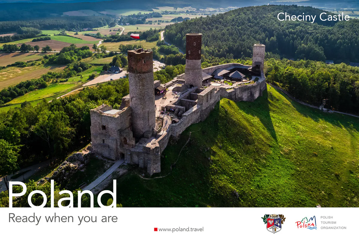 Poland, Ready when you are poster with an aerial view of the ruins of Chęciny Castle on a green hilltop