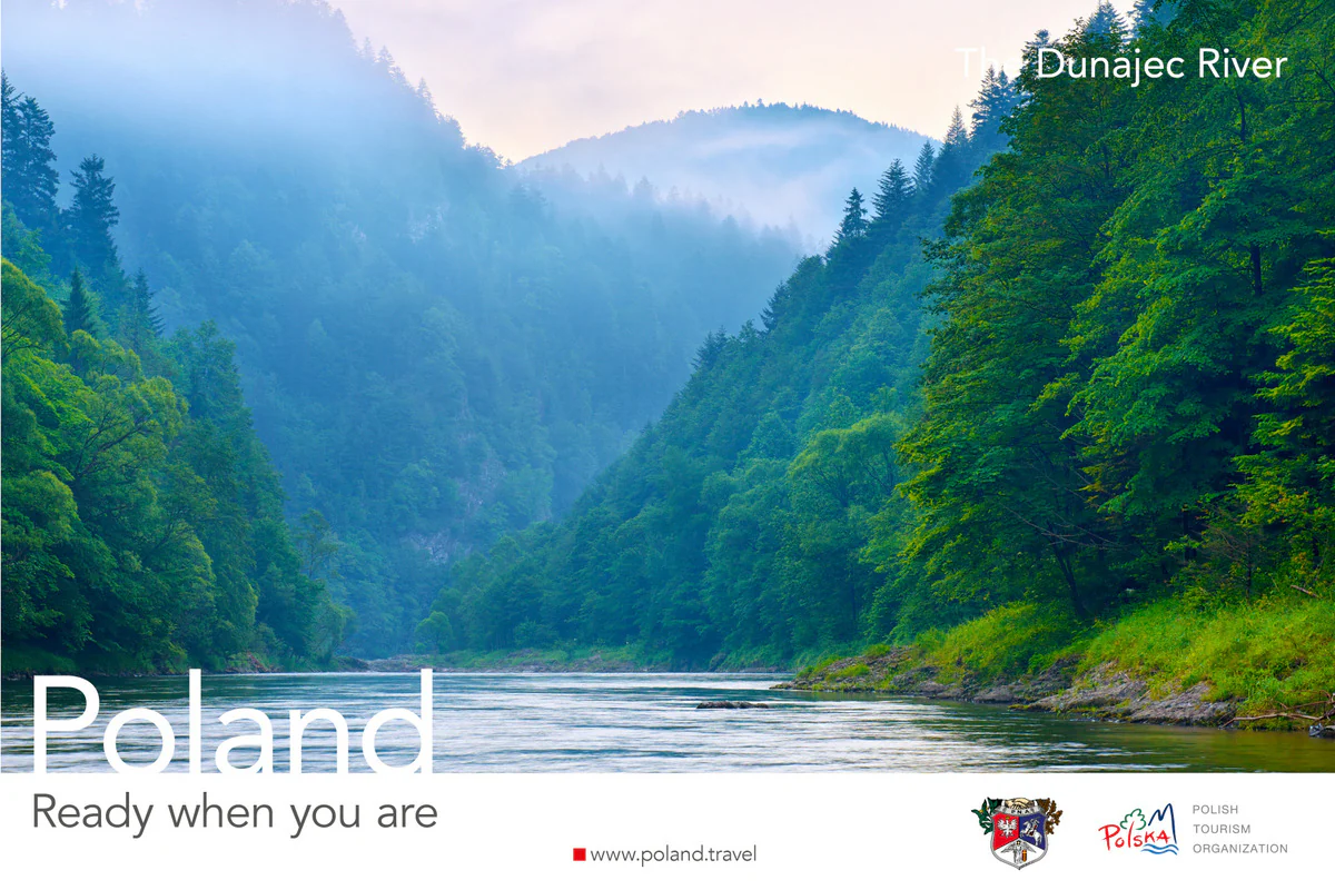 Poland, Ready when you are poster showing the Dunajec River flowing through a misty forested gorge