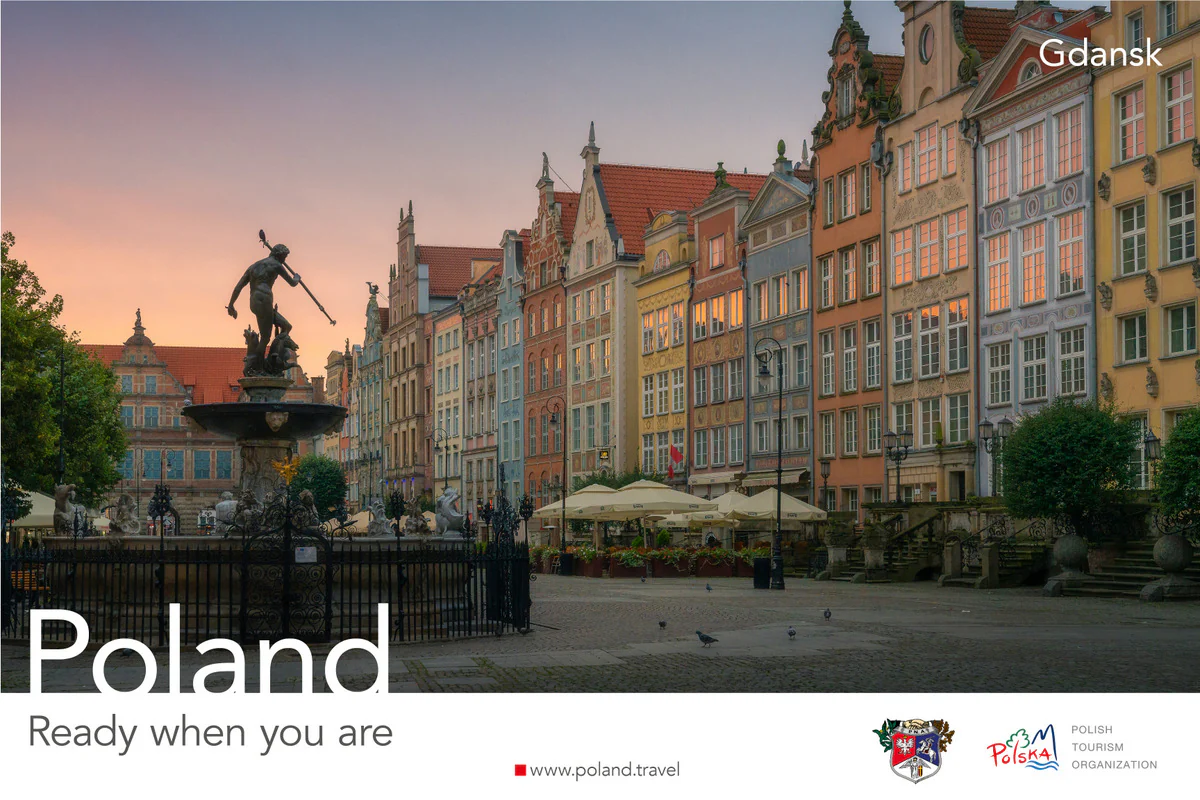 Poland, Ready when you are poster showing the Neptune Fountain and colorful townhouses on Long Market in Gdańsk