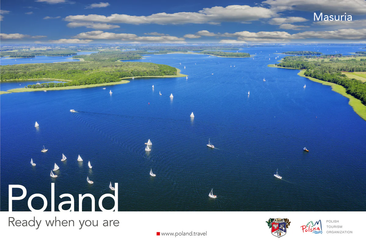 Poland, Ready when you are poster with an aerial view of sailboats on a lake in Masuria