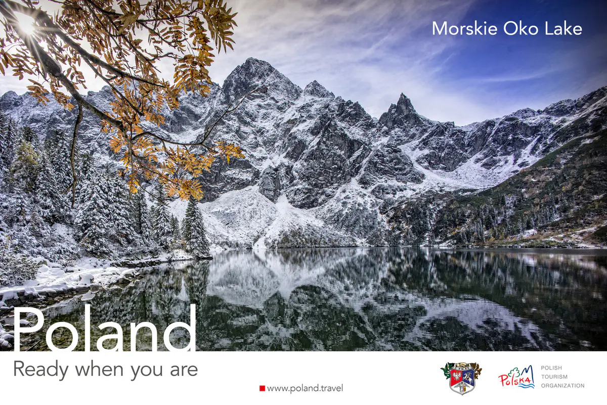 Poland, Ready when you are poster showing Morskie Oko Lake below snowy Tatra peaks, with autumn leaves in front