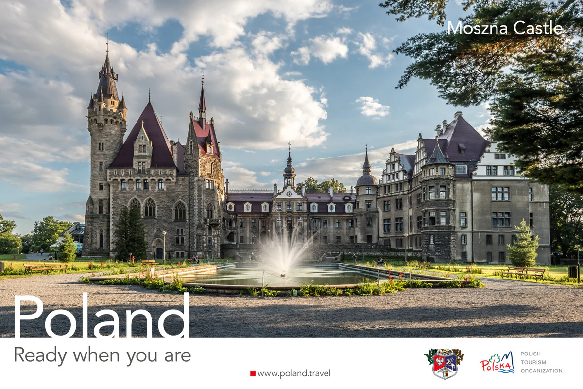 Poland, Ready when you are poster by the Polish Tourism Organization showing Moszna Castle with a fountain in front
