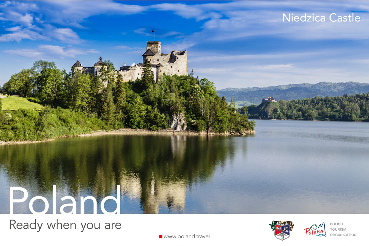 Poland, Ready when you are poster showing Niedzica Castle above a lake, reflected in the calm water